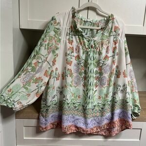 Cynthia Rowley Floral Blouse Womens 1X Ruffle Neck Boho 1/4 Sleeve Flowy Peasant